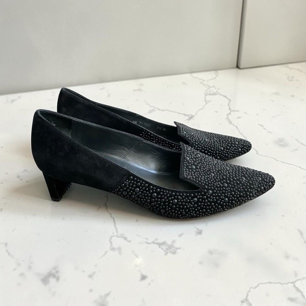 Stuart Weitzman Dress Pumps 7.5M Black Suede Embellished Leather Glam Elegant